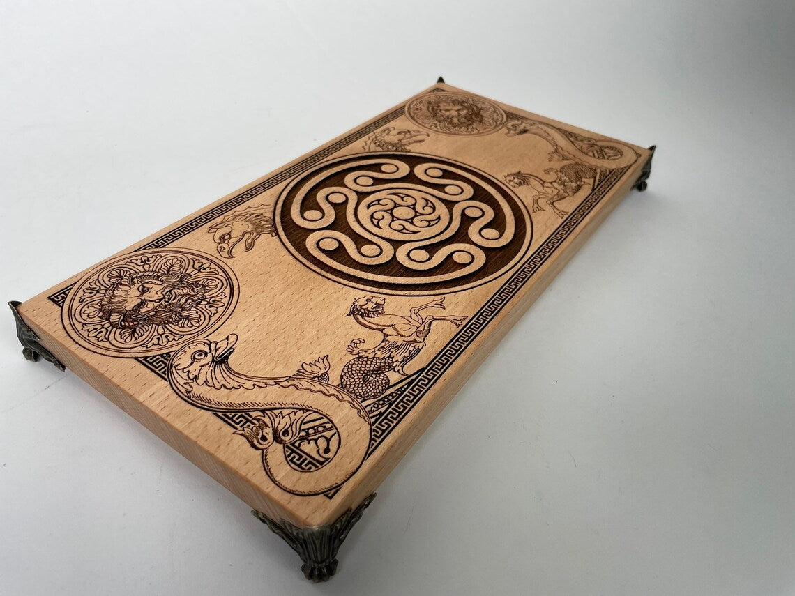 Hecate altar table engraved wood with triple moon sigil and brass feet handmade Netherlands ships to USA
