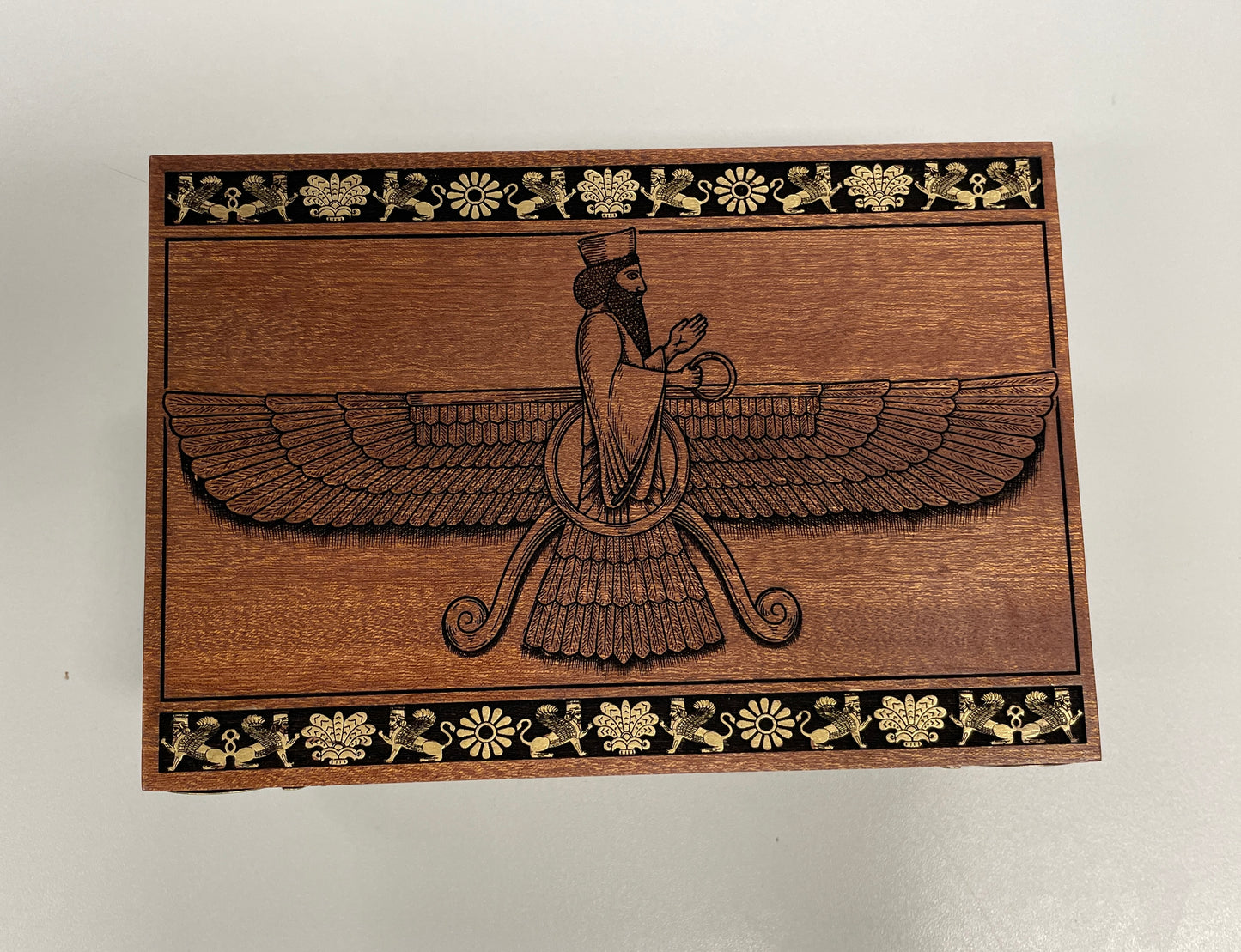 Handmade solid mahogany ritual storage chest with Humata Hukhta Huvarshta engraving for sacred space