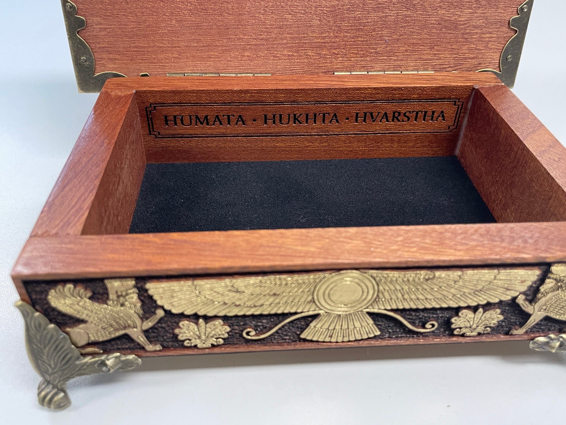 Zoroastrian altar box with engraved religious symbolism and sacred fire art, spiritual home decor