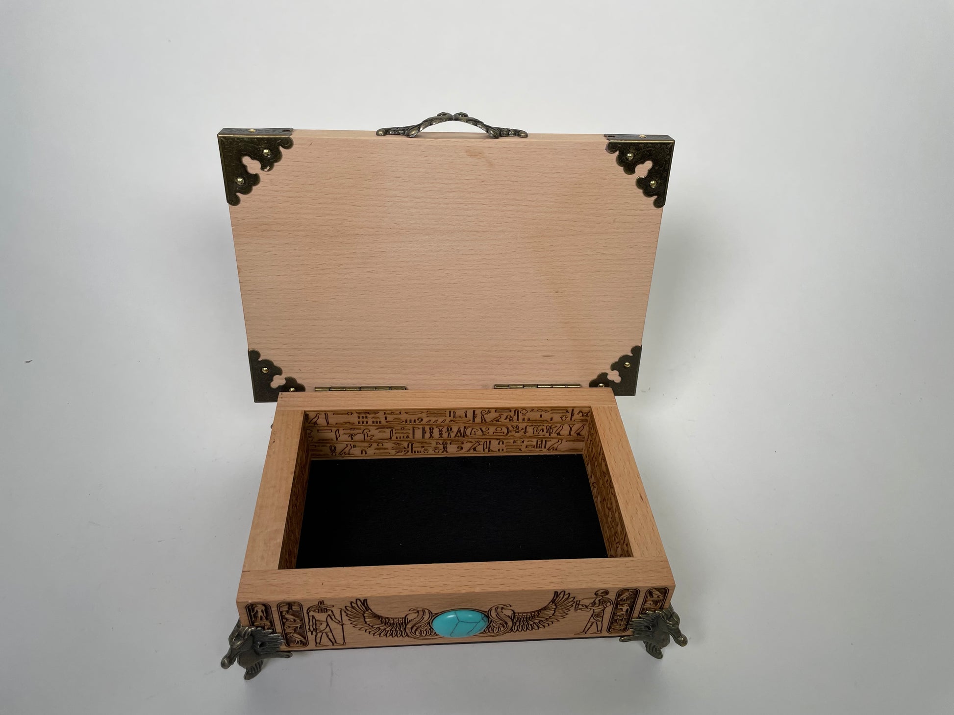 Handmade beech wood tarot box with Anubis and hieroglyphic engraving, meaningful gift for tarot readers
