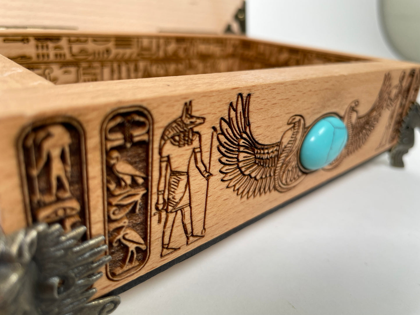 Egyptian Tarot Box with Anubis – Handmade Engraved Wooden Tarot Deck Storage Chest