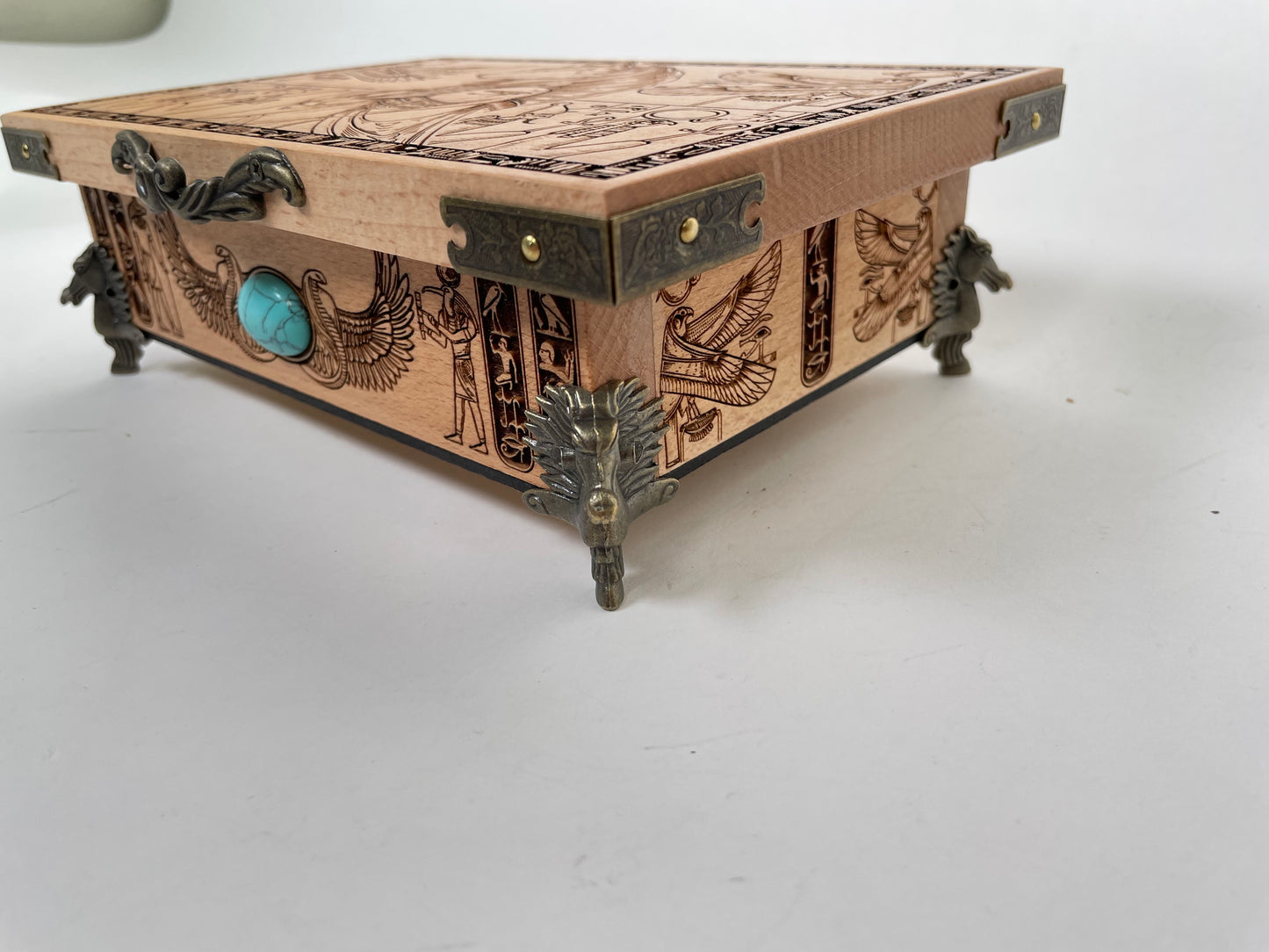 Bastet Egyptian Altar Table with Storage – Engraved Wooden Ritual Table & Tarot Deck Holder with Hieroglyphs