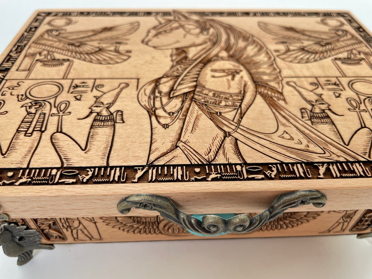 Bastet Egyptian Altar Table with Storage – Engraved Wooden Ritual Table & Tarot Deck Holder with Hieroglyphs