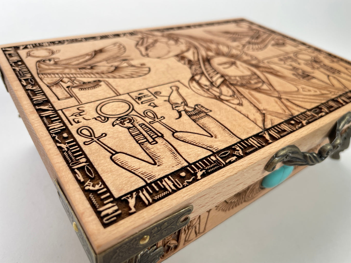 Bastet Egyptian Altar Table with Storage – Engraved Wooden Ritual Table & Tarot Deck Holder with Hieroglyphs