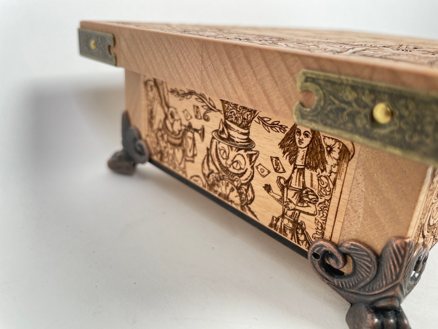 Alice in Wonderland gift Wooden Jewelry Box ,Decor Tarot Holder Deck Box Engraved Wooden for Crystals Lewis Carroll Wonderland Gifts