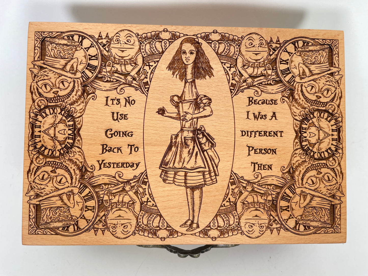 Alice in Wonderland gift Wooden Jewelry Box ,Decor Tarot Holder Deck Box Engraved Wooden for Crystals Lewis Carroll Wonderland Gifts
