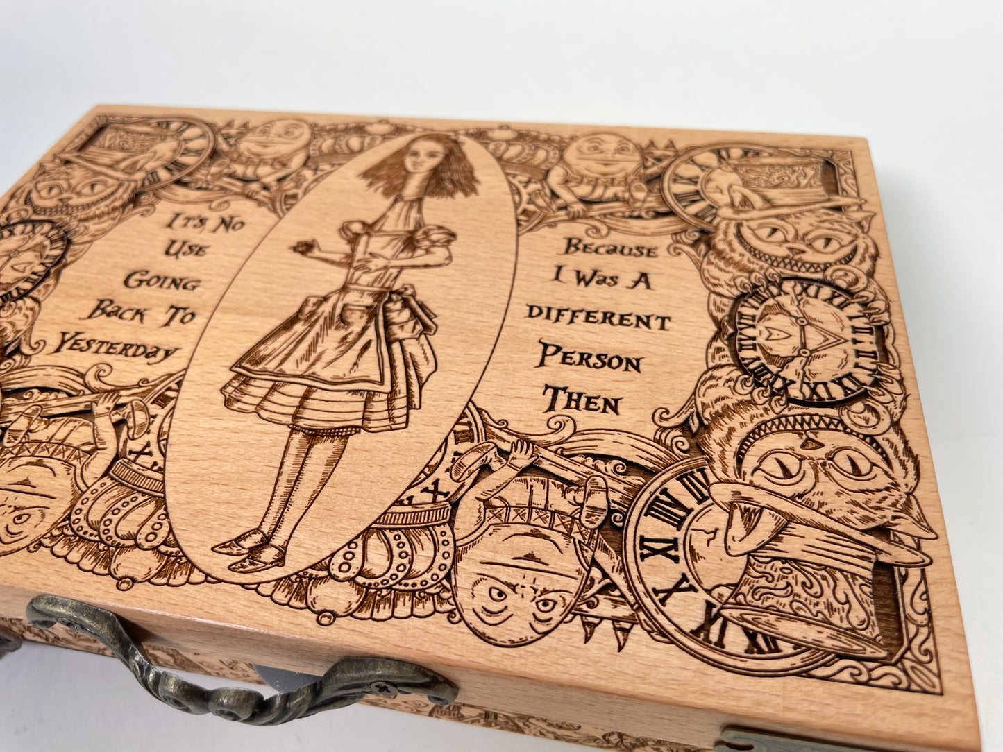 Alice in Wonderland gift Wooden Jewelry Box ,Decor Tarot Holder Deck Box Engraved Wooden for Crystals Lewis Carroll Wonderland Gifts