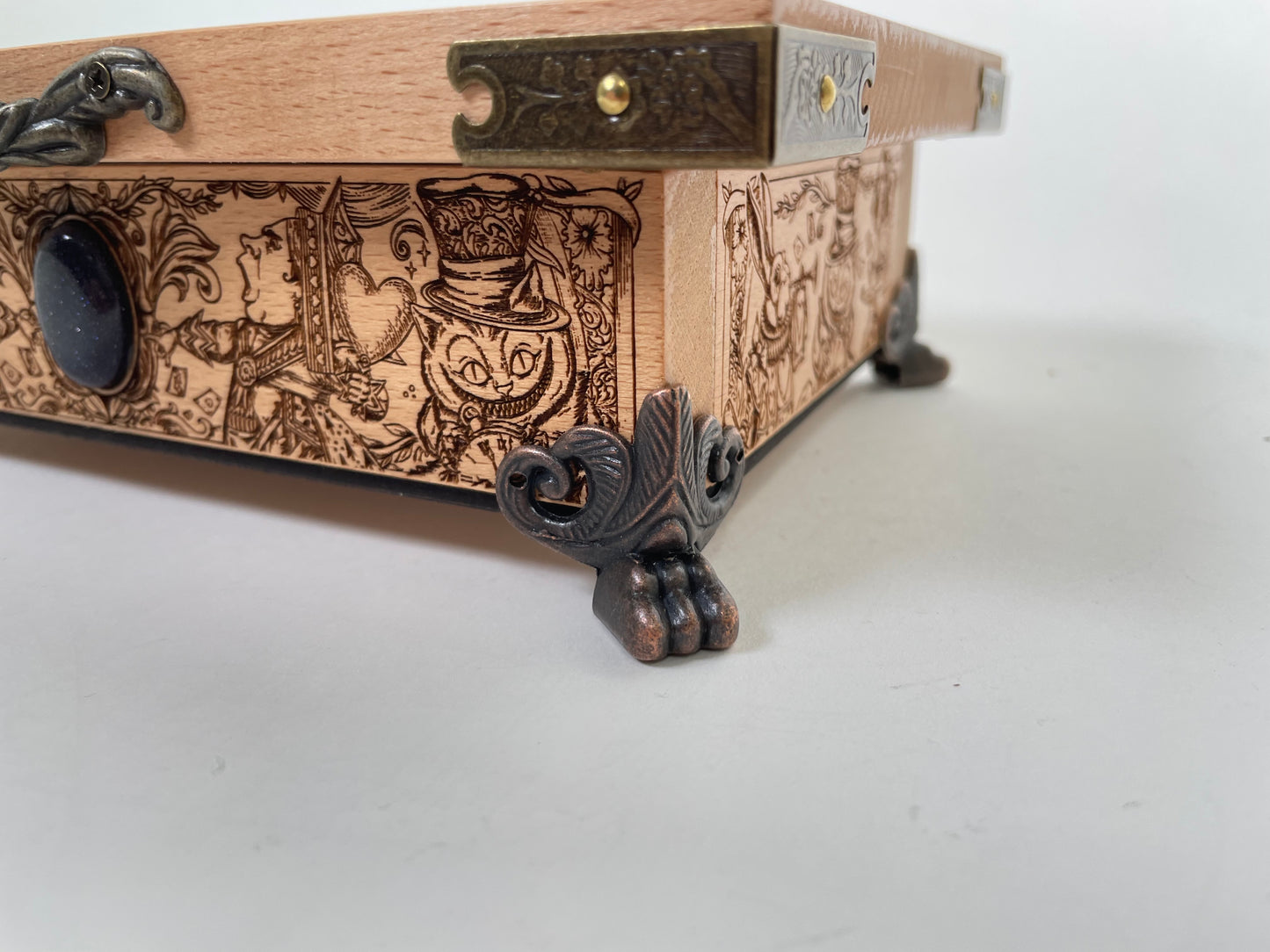 Alice in Wonderland gift Wooden Jewelry Box ,Decor Tarot Holder Deck Box Engraved Wooden for Crystals Lewis Carroll Wonderland Gifts