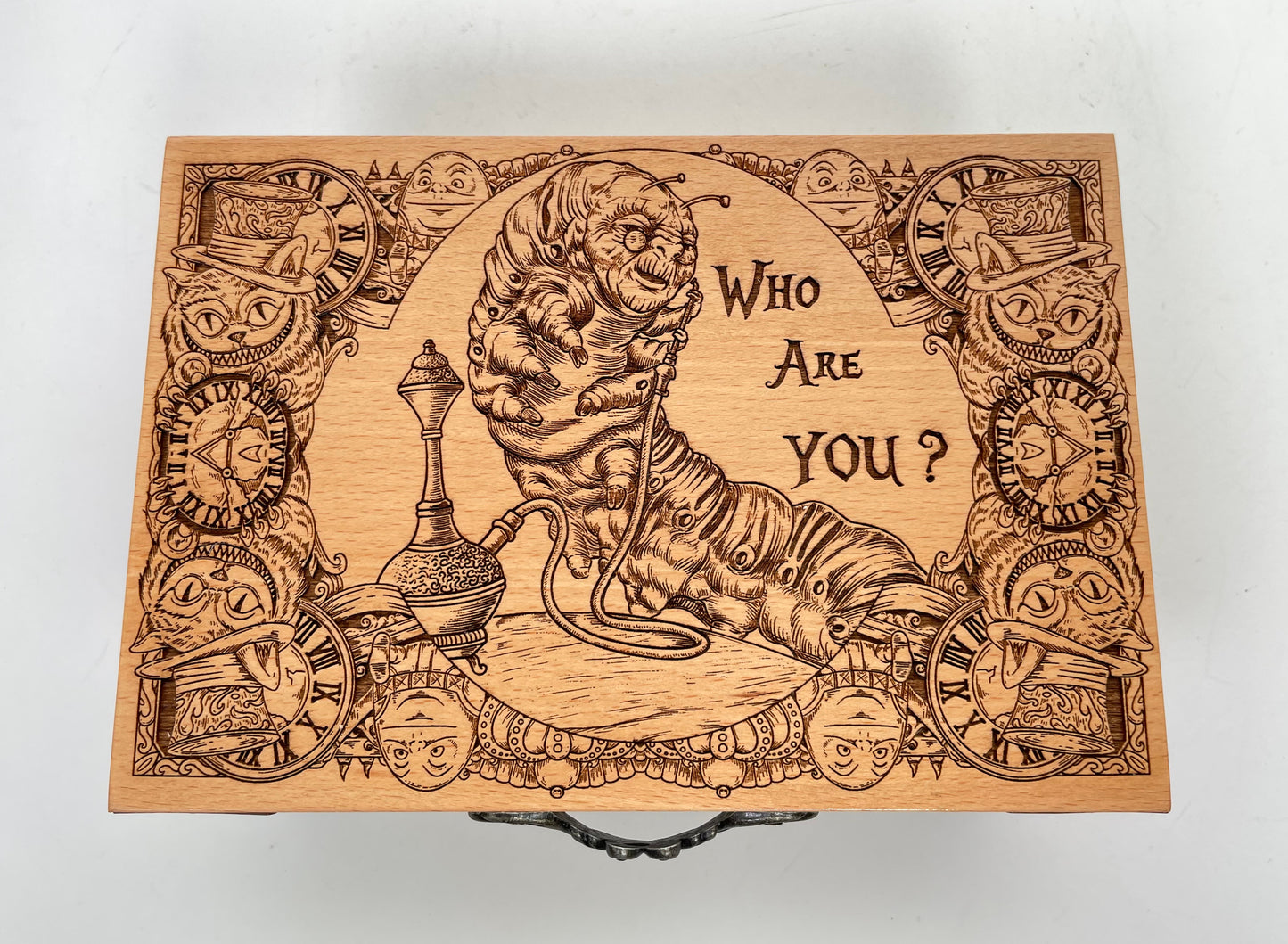 Alice in Wonderland Wooden Keepsake Box – “Who Are You?” Engraved Gift for Fans & Collectors