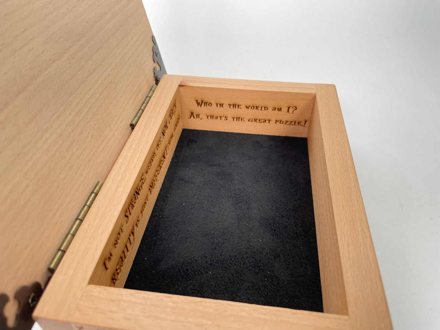 Alice in Wonderland Wooden Keepsake Box – “Who Are You?” Engraved Gift for Fans & Collectors