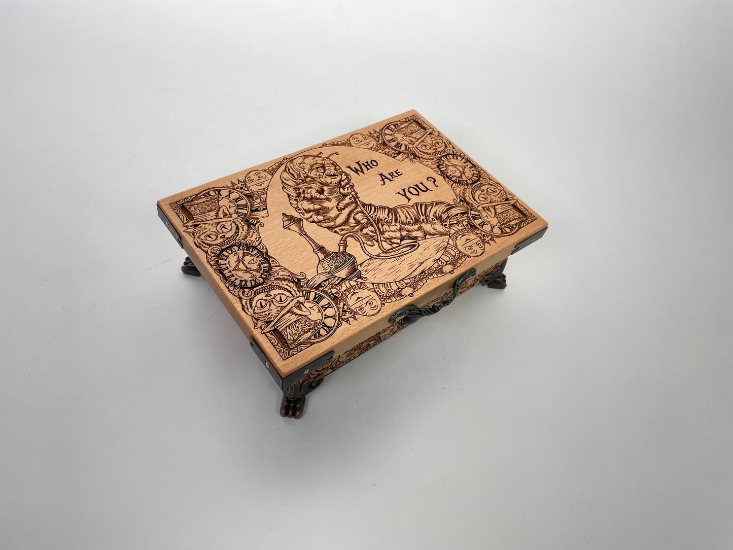 Alice in Wonderland Wooden Keepsake Box – “Who Are You?” Engraved Gift for Fans & Collectors