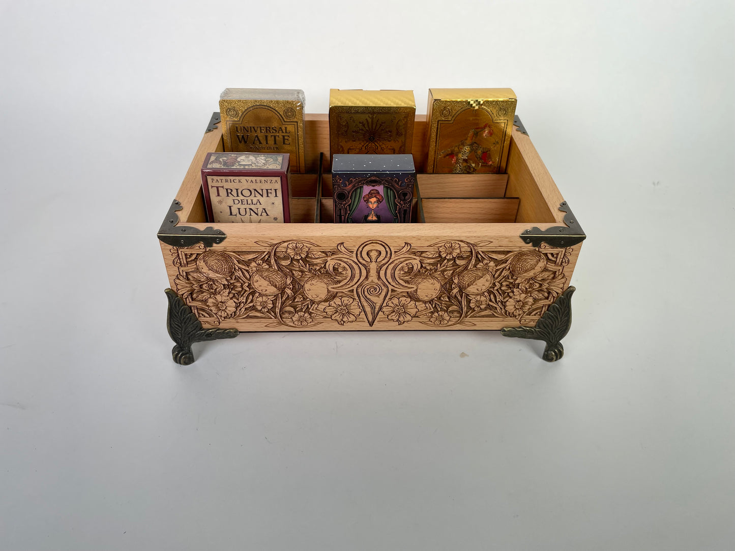 Tarot Deck Organizer – 12-Slot Solid Wood Multiple Deck Storage with Triple Moon Goddess & Sun/Moon Engraving