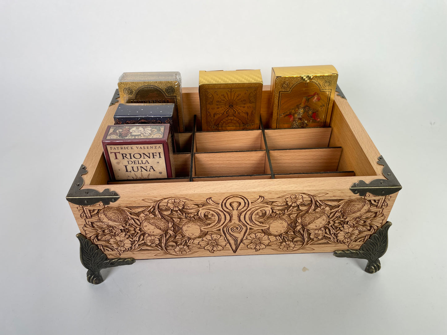 Tarot Deck Organizer – 12-Slot Solid Wood Multiple Deck Storage with Triple Moon Goddess & Sun/Moon Engraving