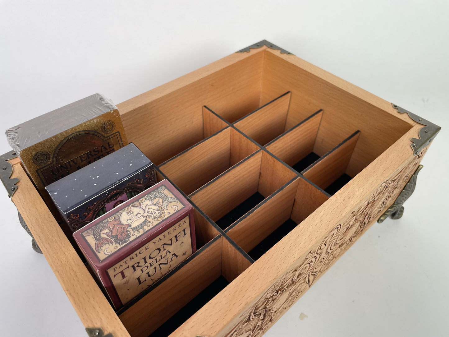Tarot Deck Organizer – 12-Slot Solid Wood Multiple Deck Storage with Triple Moon Goddess & Sun/Moon Engraving
