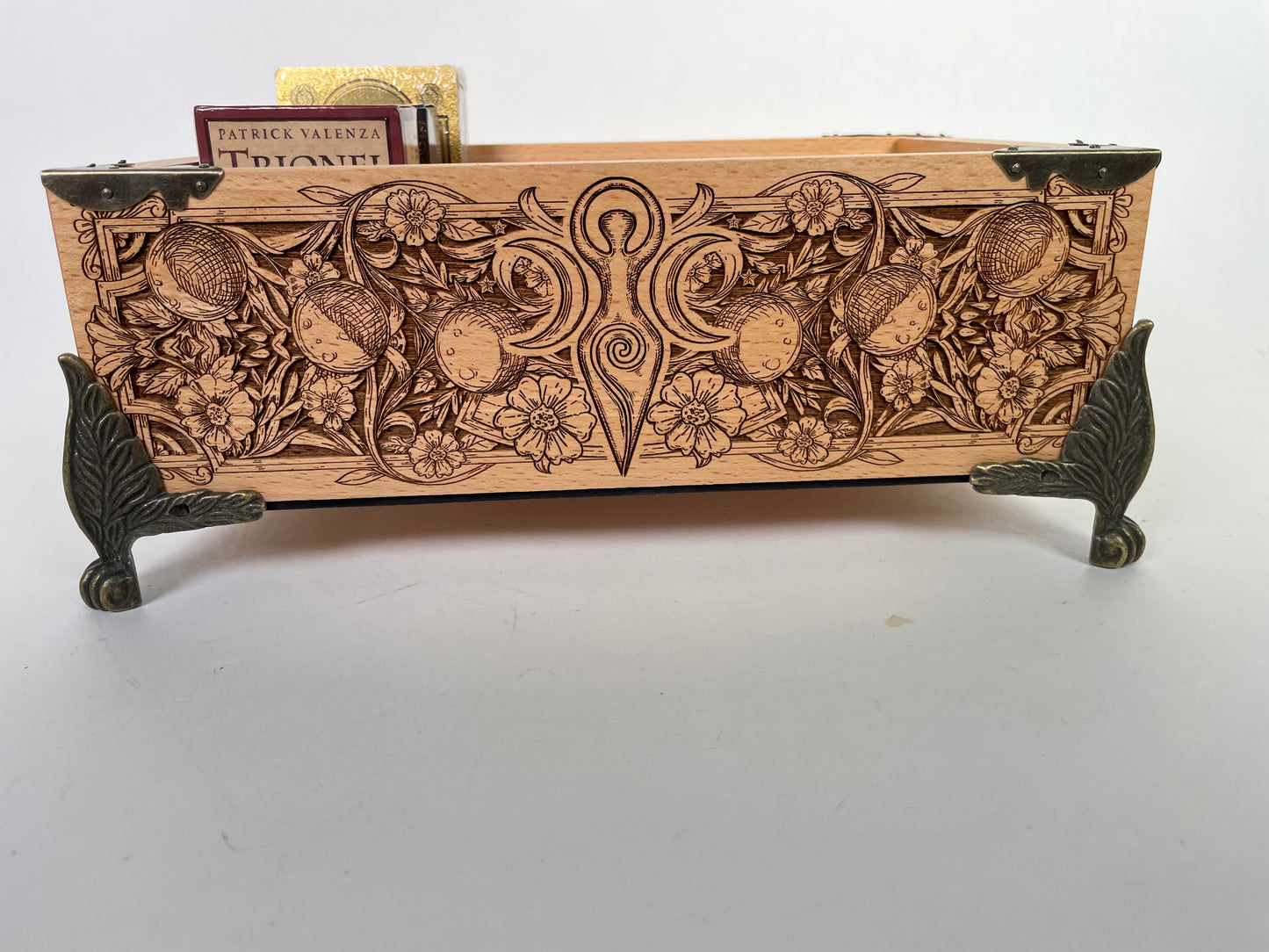 Tarot Deck Organizer – 12-Slot Solid Wood Multiple Deck Storage with Triple Moon Goddess & Sun/Moon Engraving