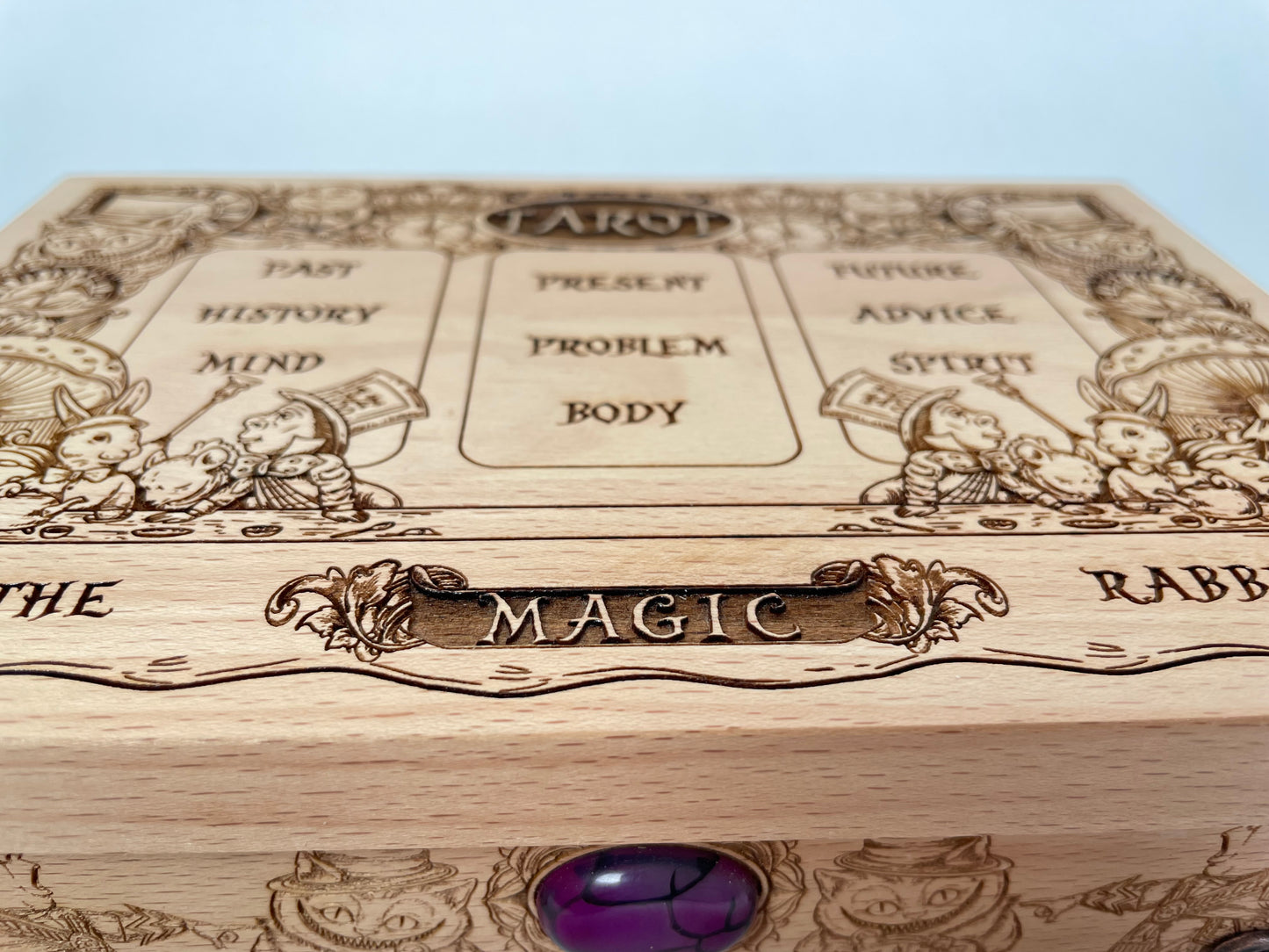 Tarot in Wonderland Box – Alice in Wonderland Wooden Tarot Storage with Cheshire Cat - Forgotten Engravings