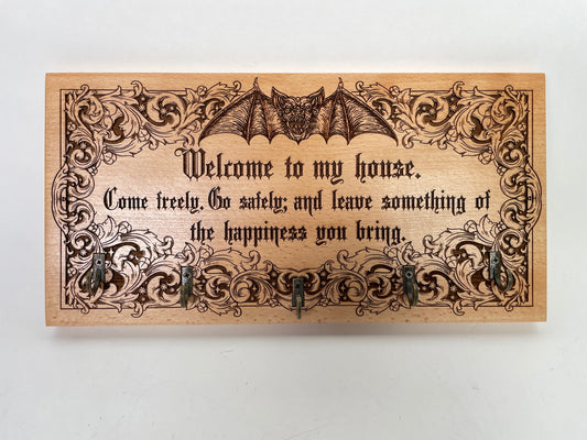 Dracula Quote Welcome Key Holder – “Welcome to My House” Engraved Wooden Wall Sign