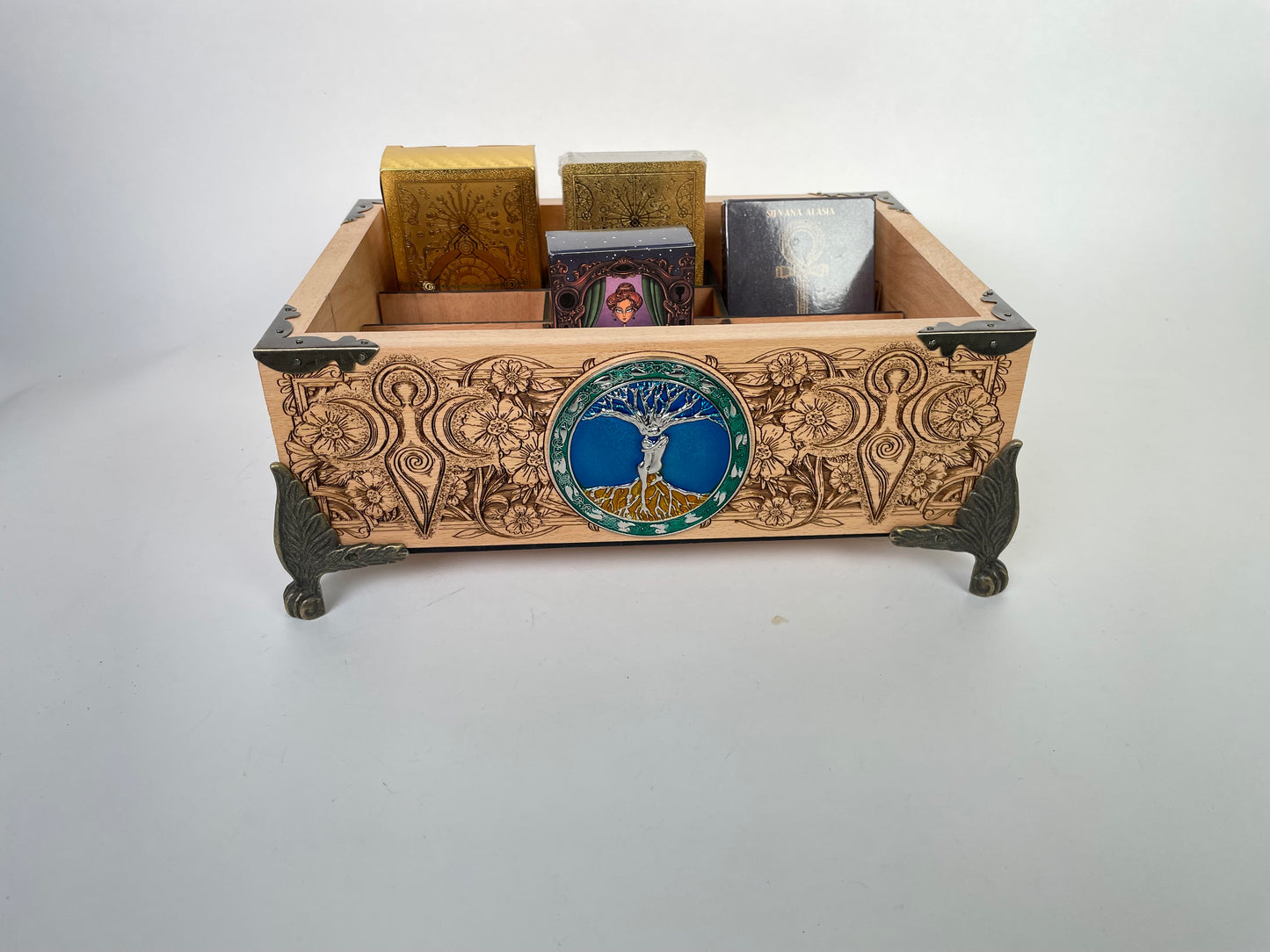 Tree of life Witchcraft Multiple Deck Organizer – Wooden Tarot & Oracle Storage Box with 12 Slots