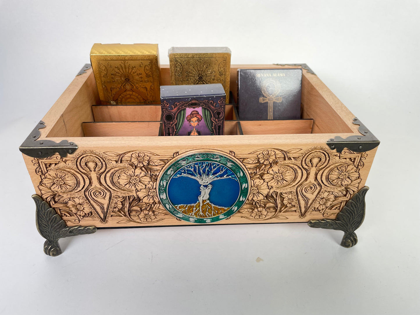 Tree of life Witchcraft Multiple Deck Organizer – Wooden Tarot & Oracle Storage Box with 12 Slots