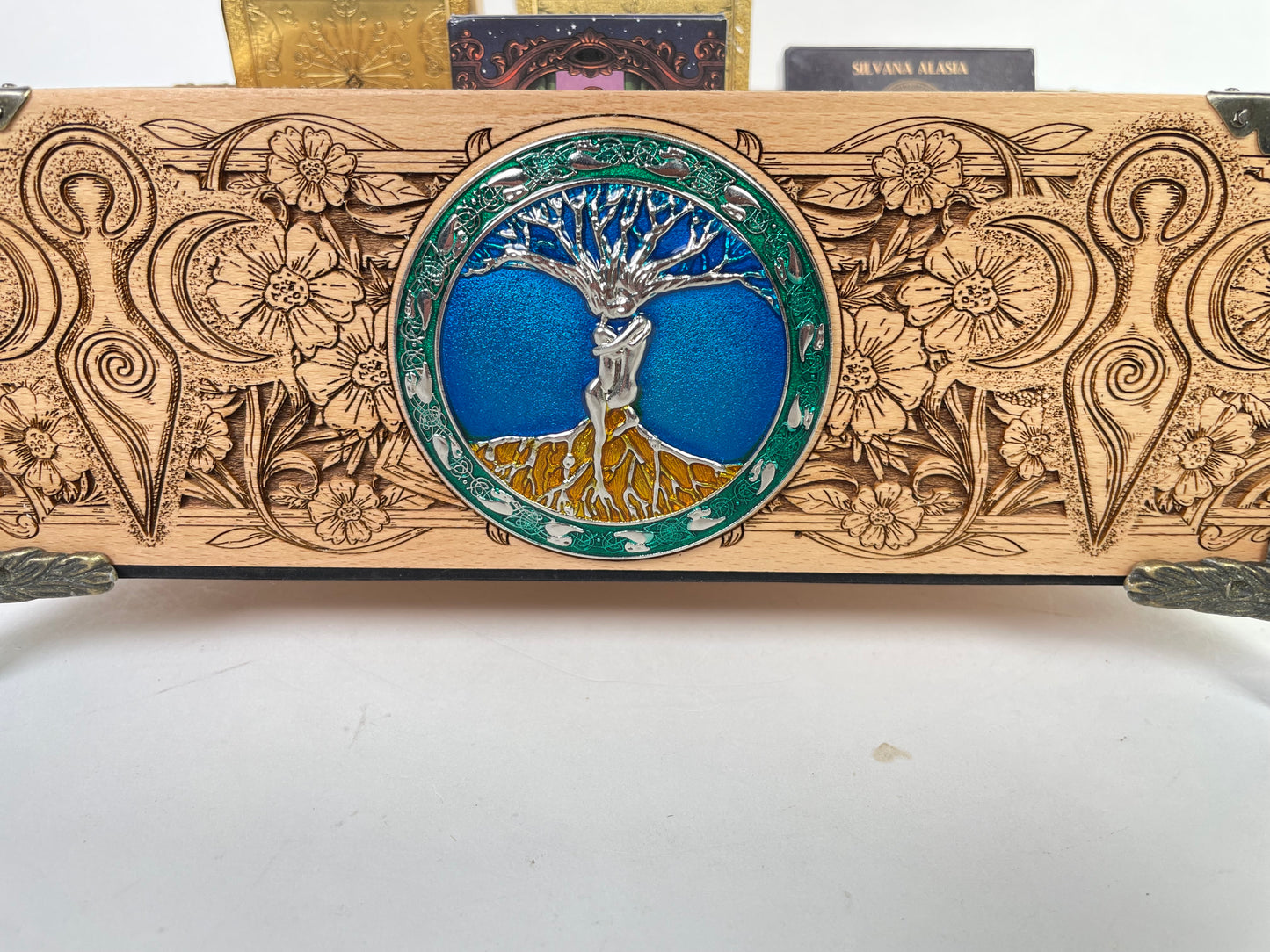 Tree of life Witchcraft Multiple Deck Organizer – Wooden Tarot & Oracle Storage Box with 12 Slots