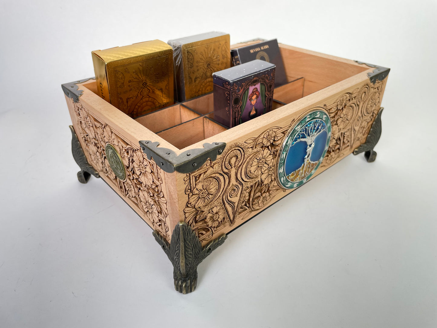 Tree of life Witchcraft Multiple Deck Organizer – Wooden Tarot & Oracle Storage Box with 12 Slots