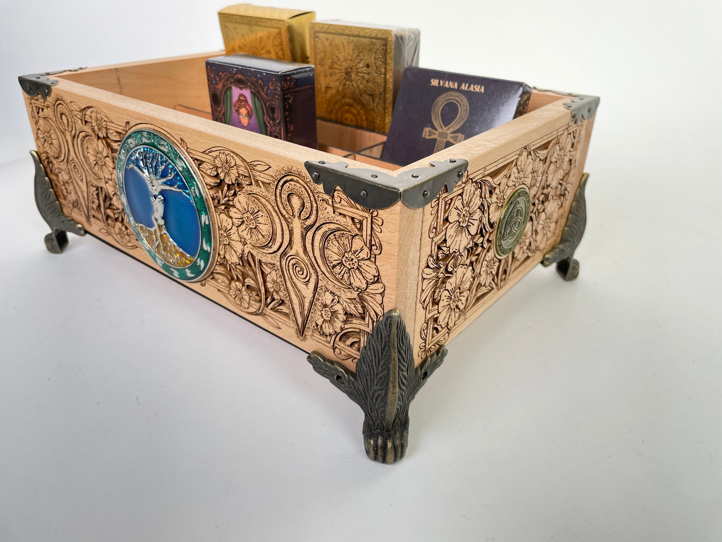 Tree of life Witchcraft Multiple Deck Organizer – Wooden Tarot & Oracle Storage Box with 12 Slots