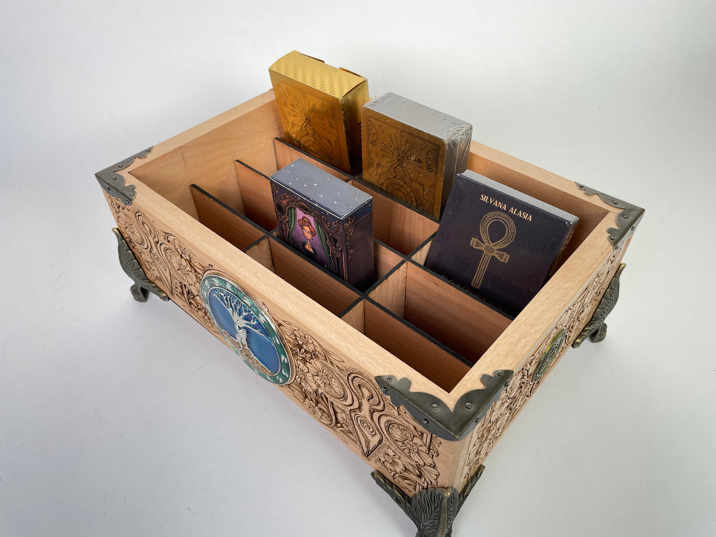 Tree of life Witchcraft Multiple Deck Organizer – Wooden Tarot & Oracle Storage Box with 12 Slots