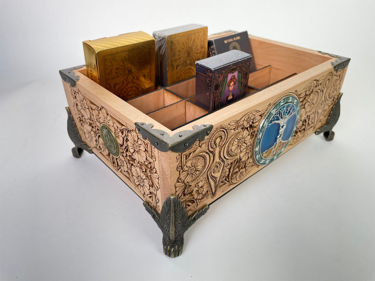 Tree of life Witchcraft Multiple Deck Organizer – Wooden Tarot & Oracle Storage Box with 12 Slots