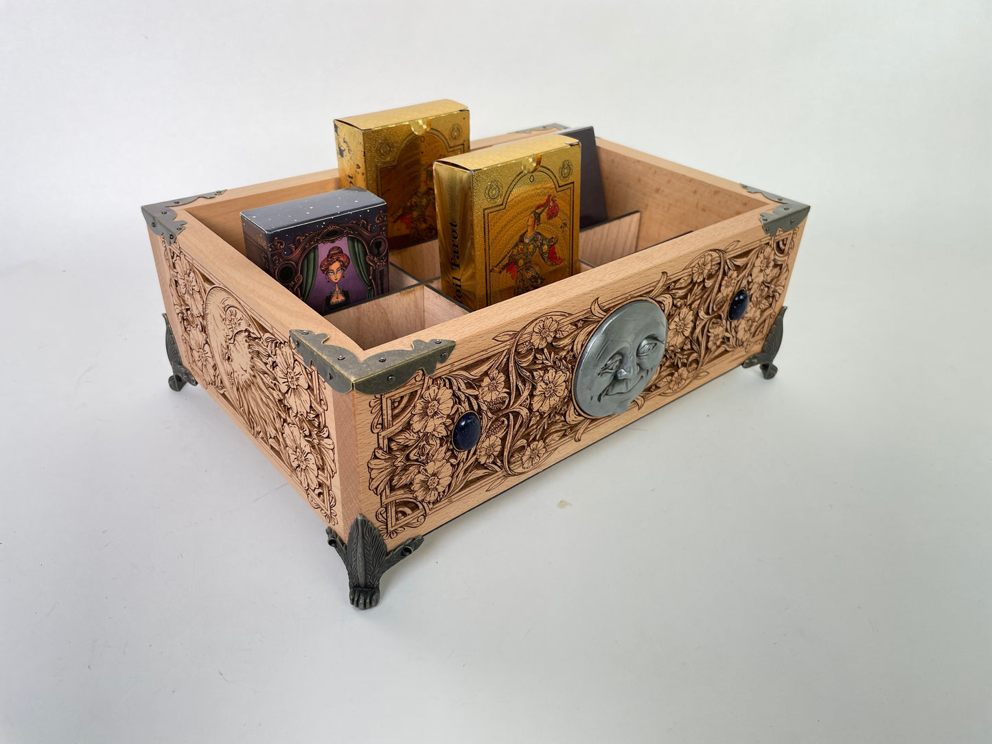 Multiple deck holder used as altar decor for tarot and oracle cards
