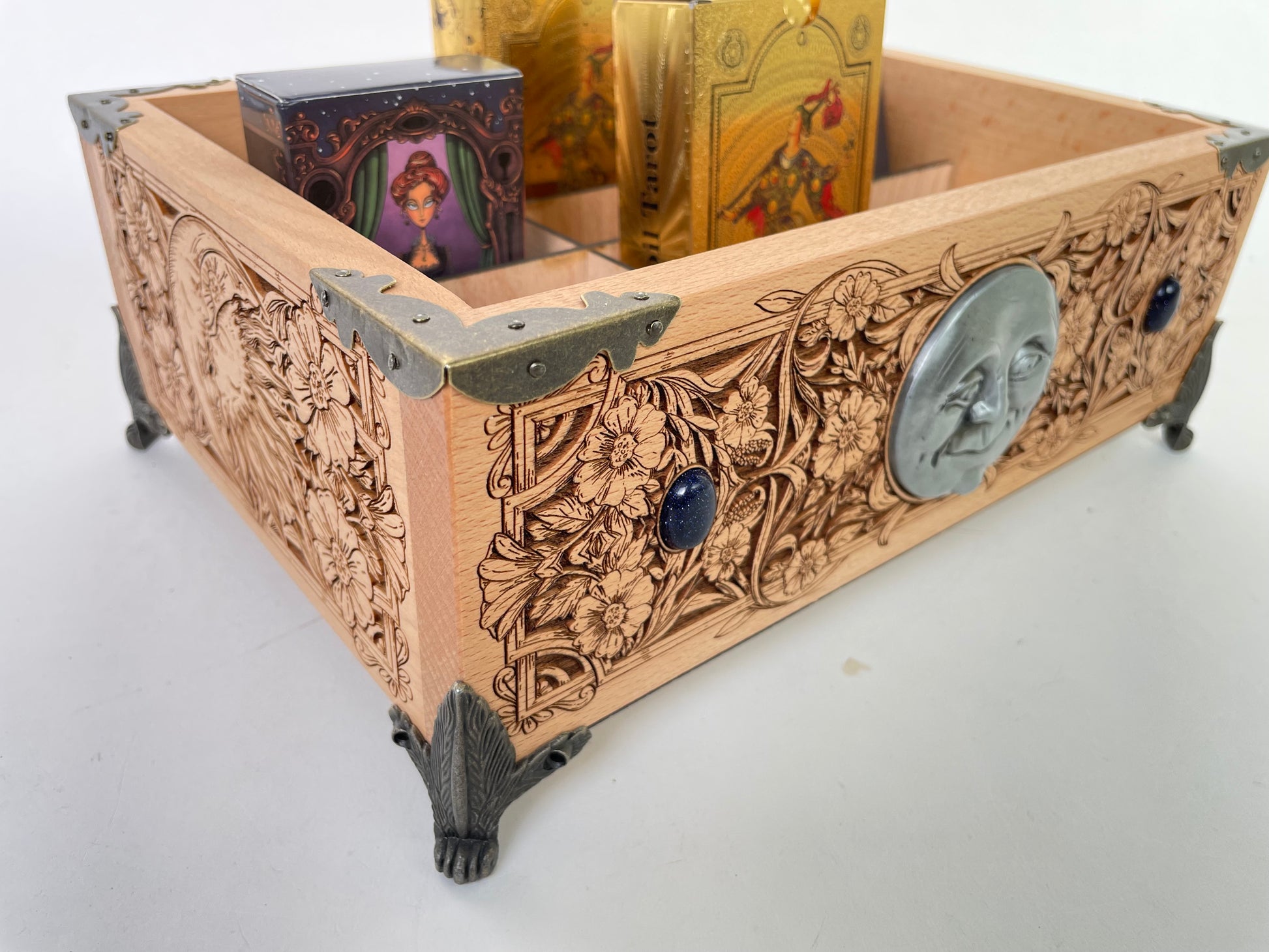 Multiple deck organizer  used as altar decor for tarot and oracle cards
