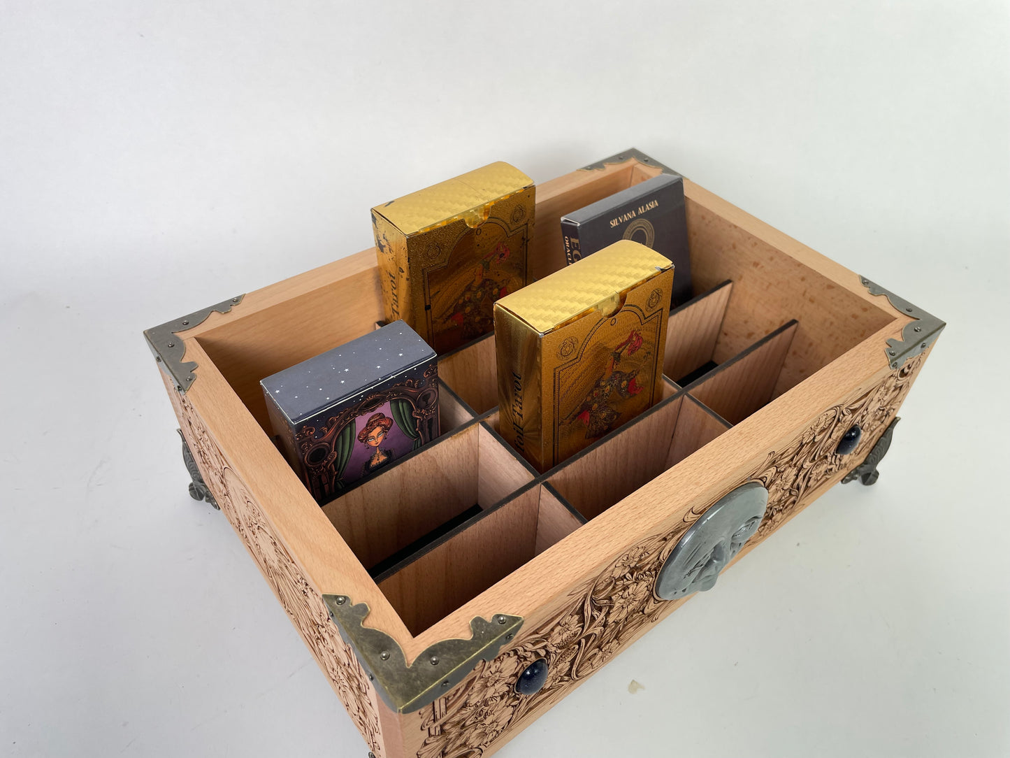 Multiple Tarot & Oracle Deck Organizer — Wooden Deck Holder Box with Altar Decor