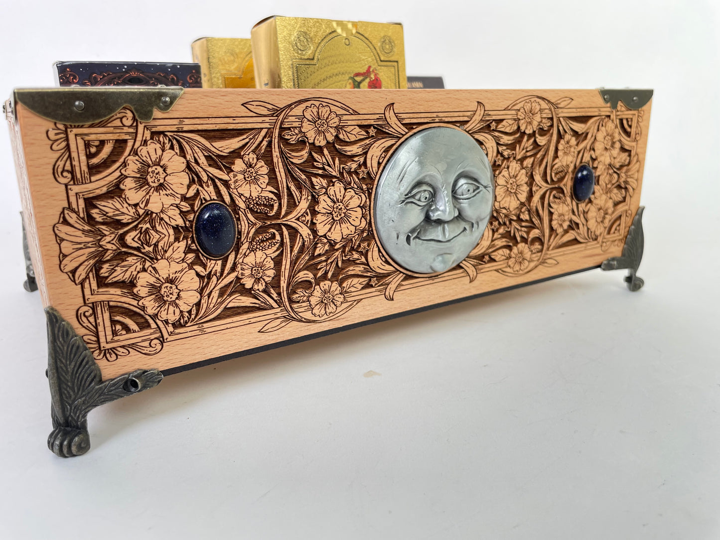 Multiple Tarot & Oracle Deck Organizer — Wooden Deck Holder Box with Altar Decor