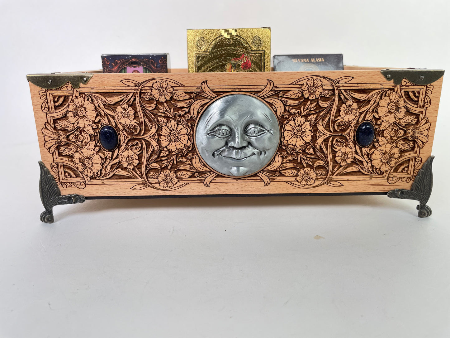 Multiple Tarot & Oracle Deck Organizer — Wooden Deck Holder Box with Altar Decor