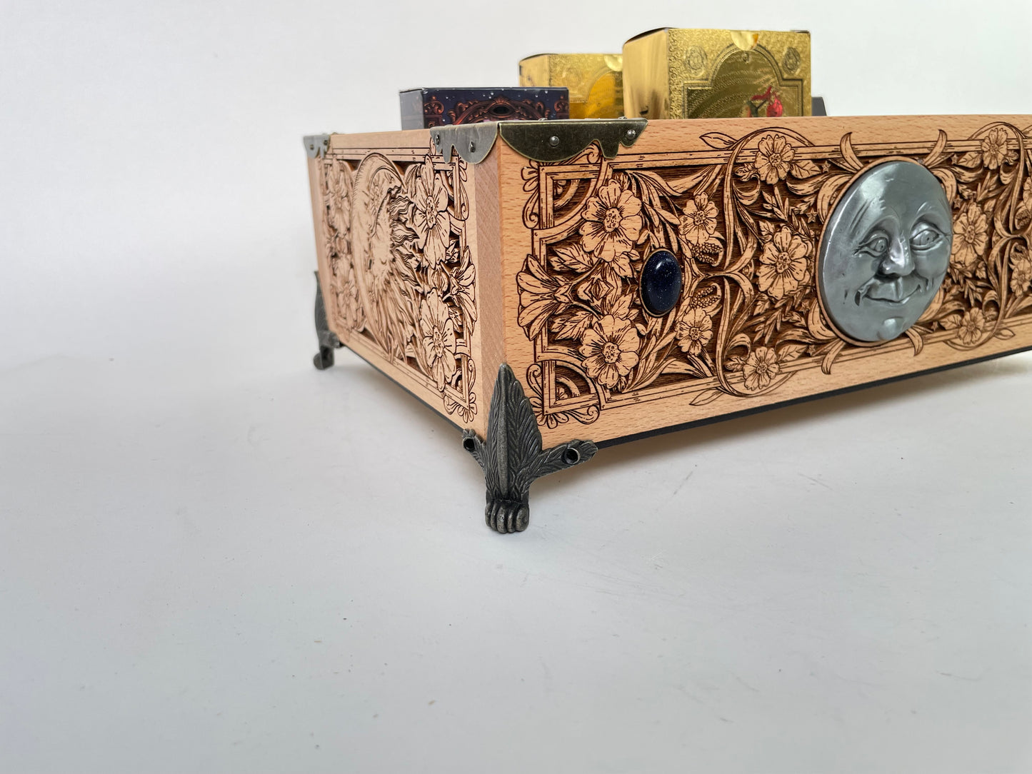 Multiple Tarot & Oracle Deck Organizer — Wooden Deck Holder Box with Altar Decor