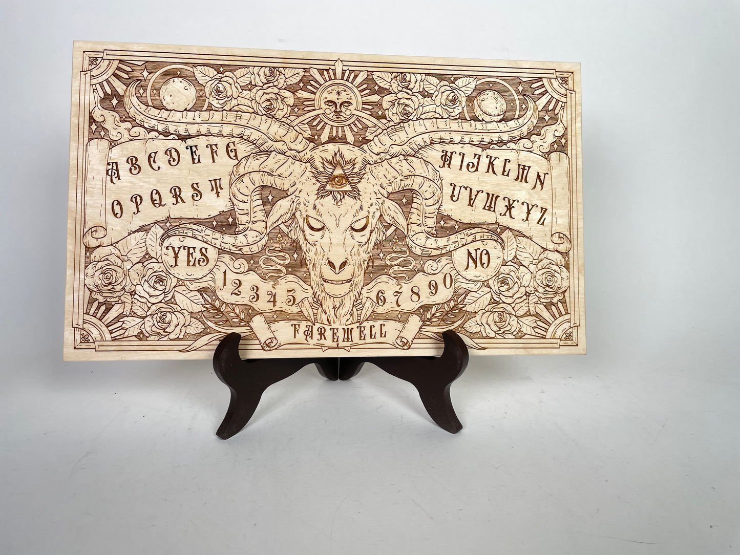 Celestial Wooden Ouija Board – Engraved Roses, Skull & Sun Spirit Board with Planchette for Positive Wiccan & Pagan Spiritualism - Forgotten Engravings