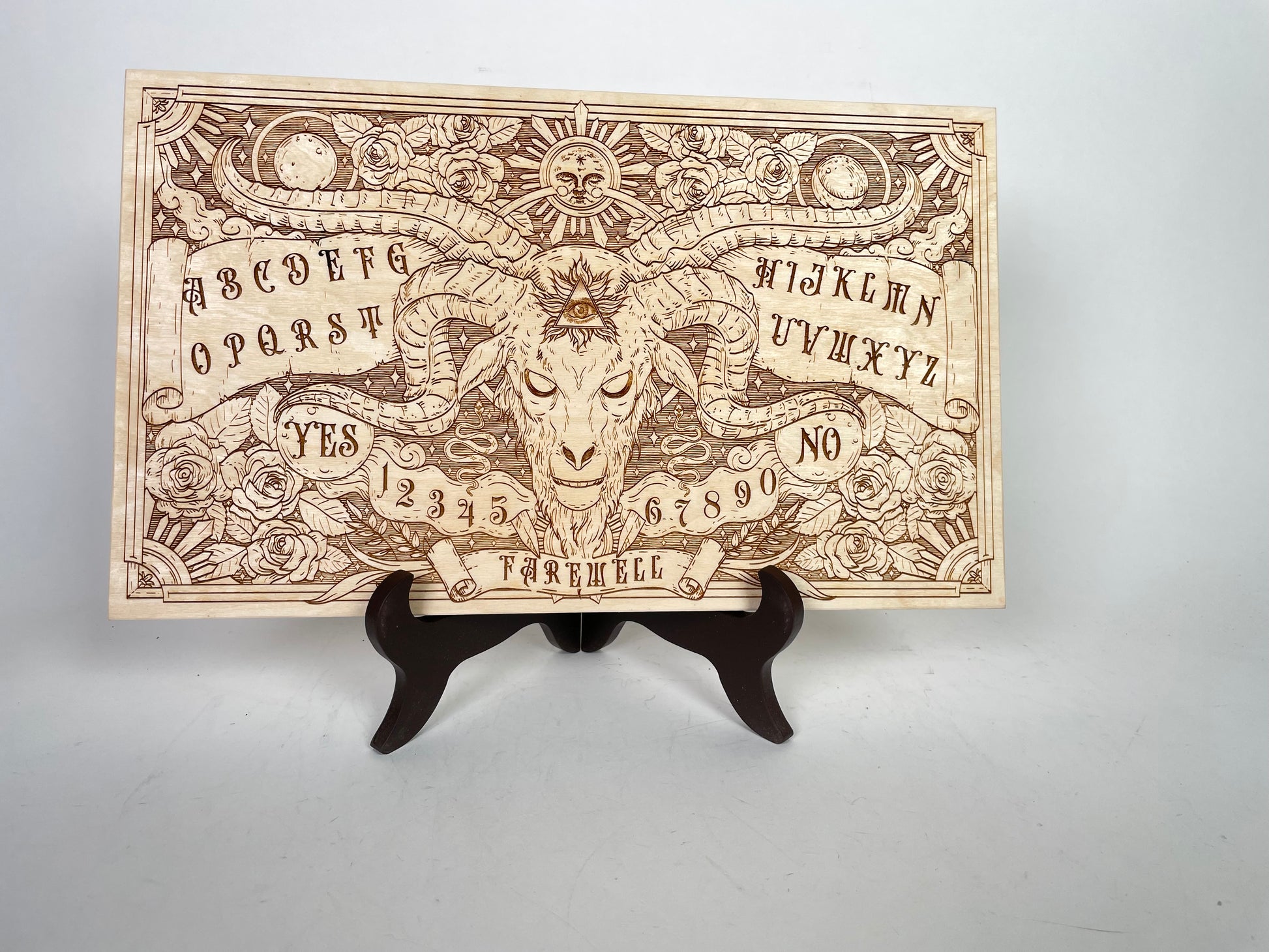 Celestial Wooden Ouija Board – Engraved Roses, Skull & Sun Spirit Board with Planchette for Positive Wiccan & Pagan Spiritualism - Forgotten Engravings