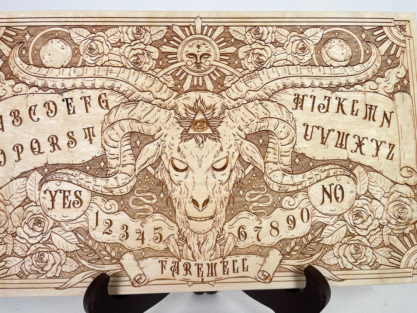 Celestial Wooden Ouija Board – Engraved Roses, Skull & Sun Spirit Board with Planchette for Positive Wiccan & Pagan Spiritualism - Forgotten Engravings