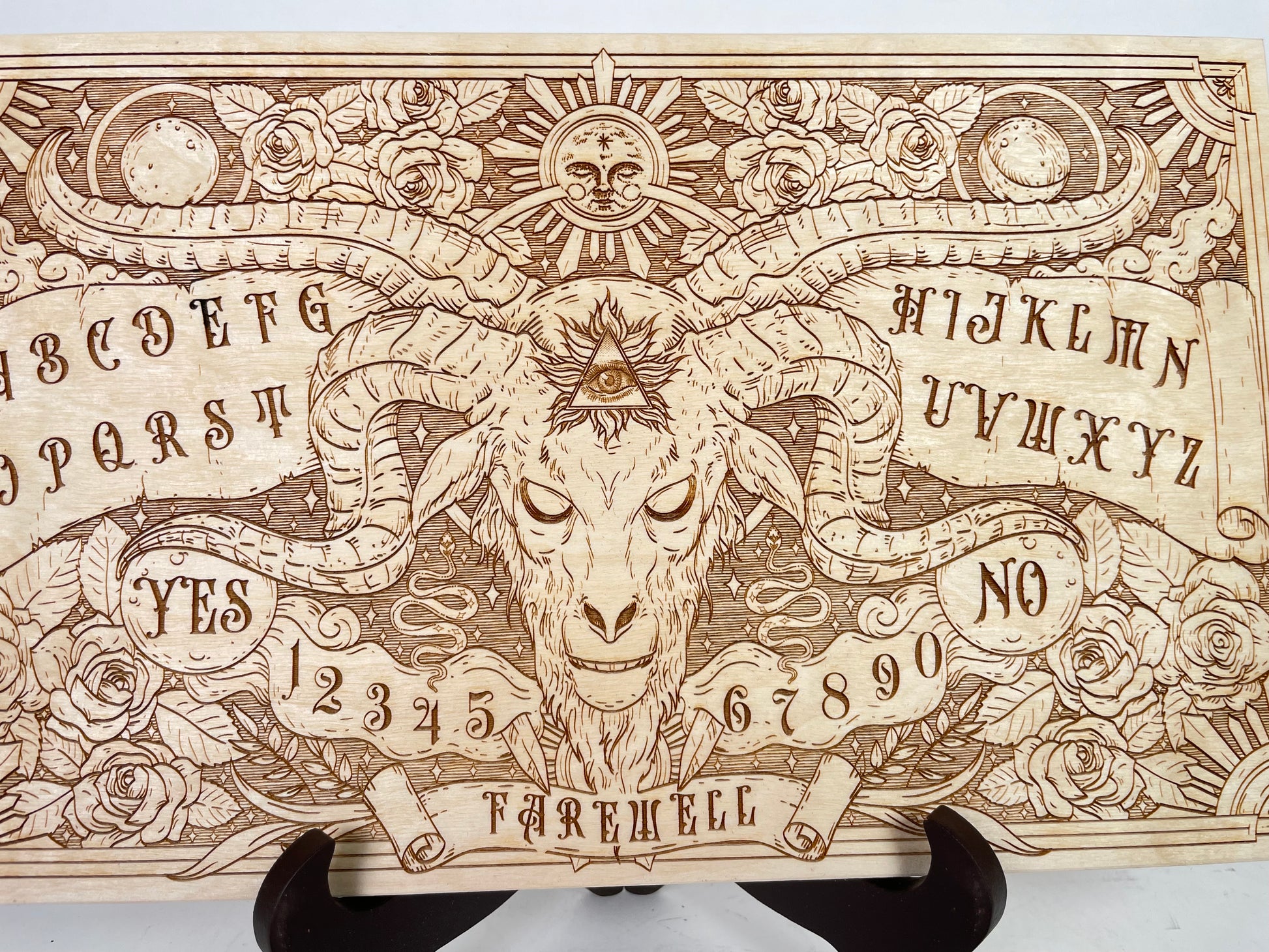 Celestial Wooden Ouija Board – Engraved Roses, Skull & Sun Spirit Board with Planchette for Positive Wiccan & Pagan Spiritualism - Forgotten Engravings