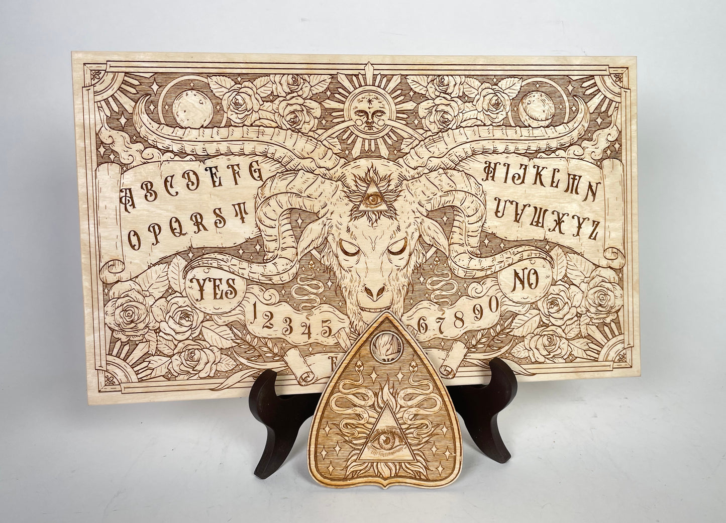 Celestial Wooden Ouija Board – Engraved Roses, Skull & Sun Spirit Board with Planchette for Positive Wiccan & Pagan Spiritualism - Forgotten Engravings