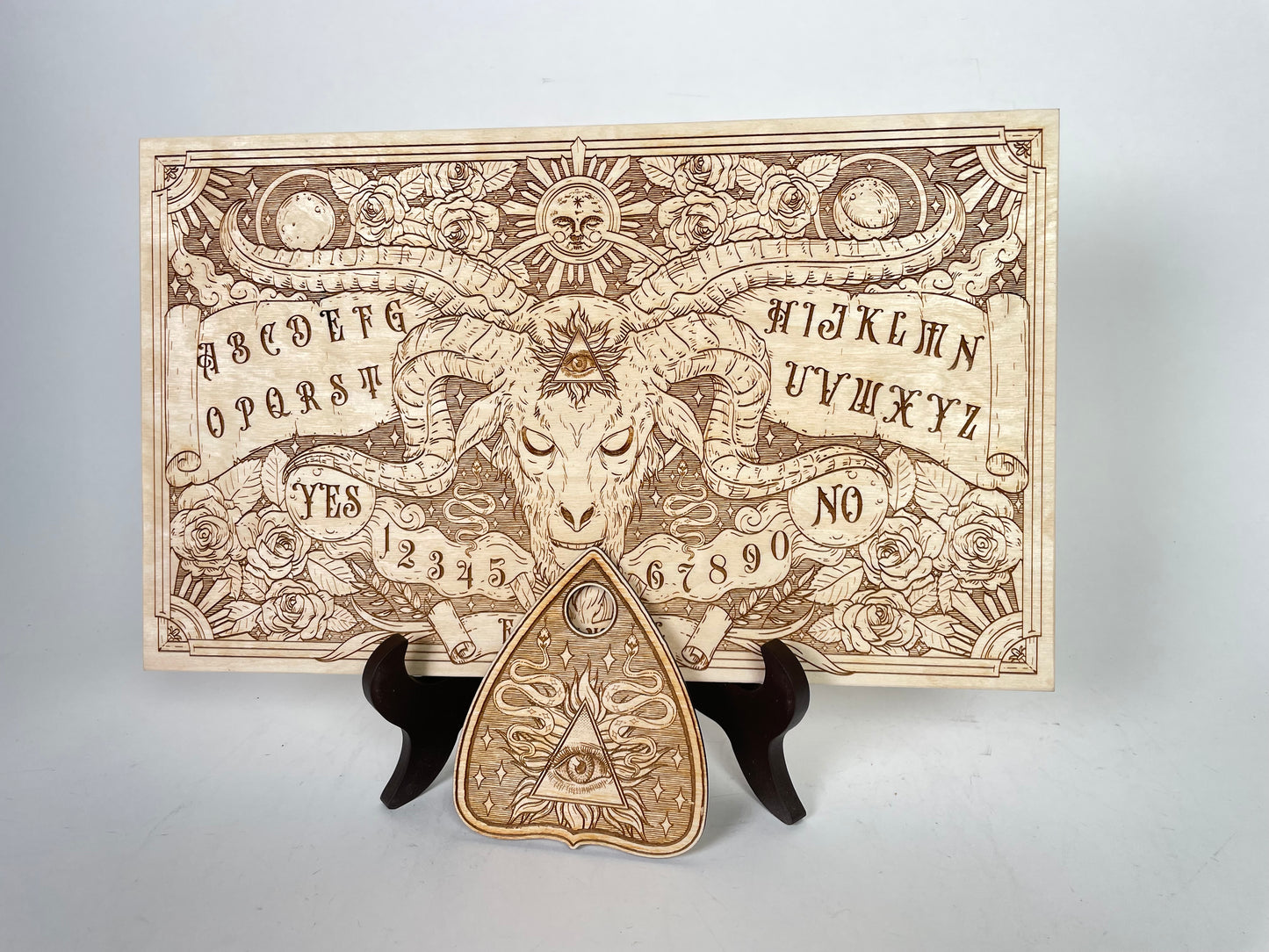 Celestial Wooden Ouija Board – Engraved Roses, Skull & Sun Spirit Board with Planchette for Positive Wiccan & Pagan Spiritualism - Forgotten Engravings