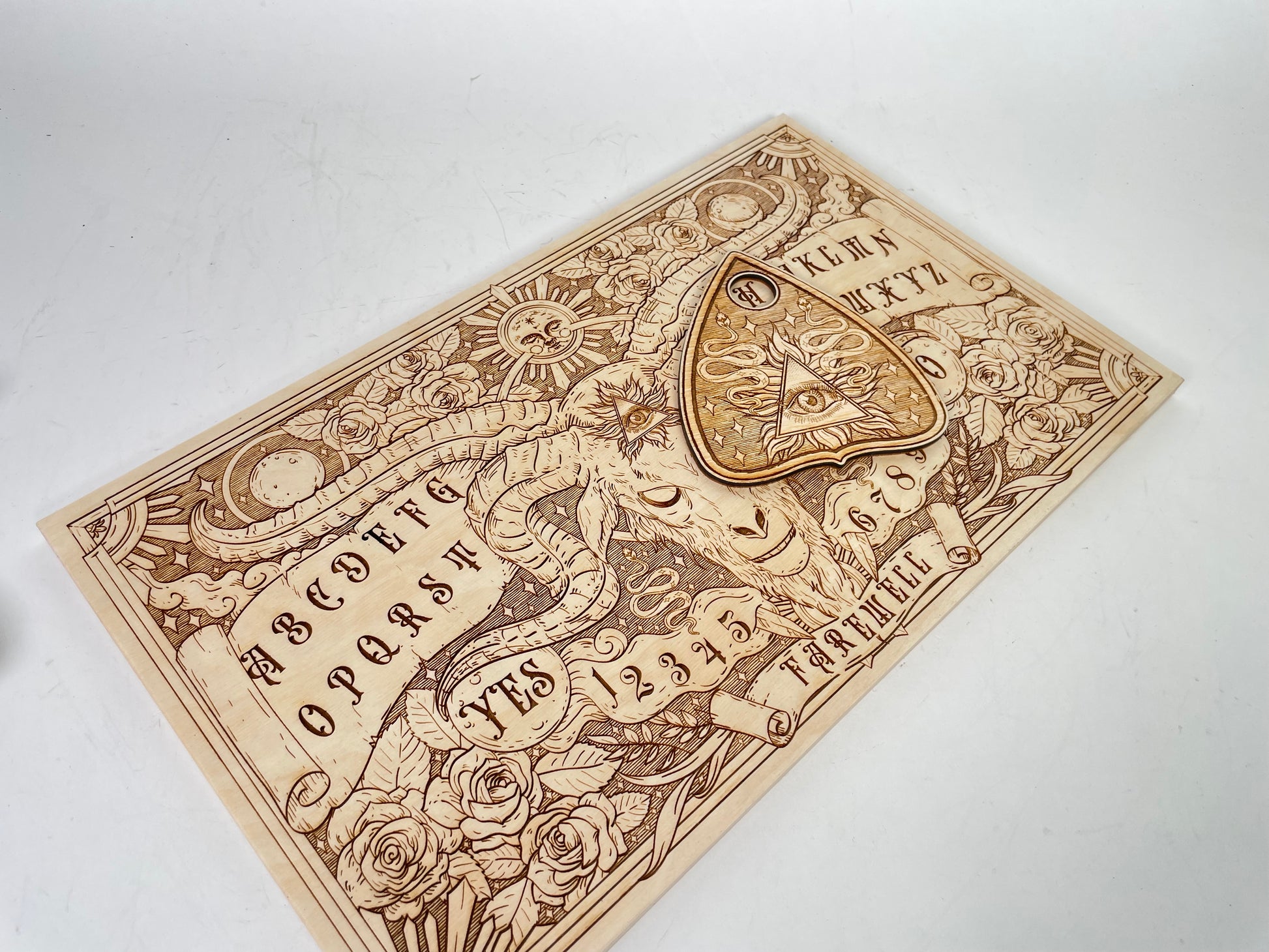 Celestial Wooden Ouija Board – Engraved Roses, Skull & Sun Spirit Board with Planchette for Positive Wiccan & Pagan Spiritualism - Forgotten Engravings