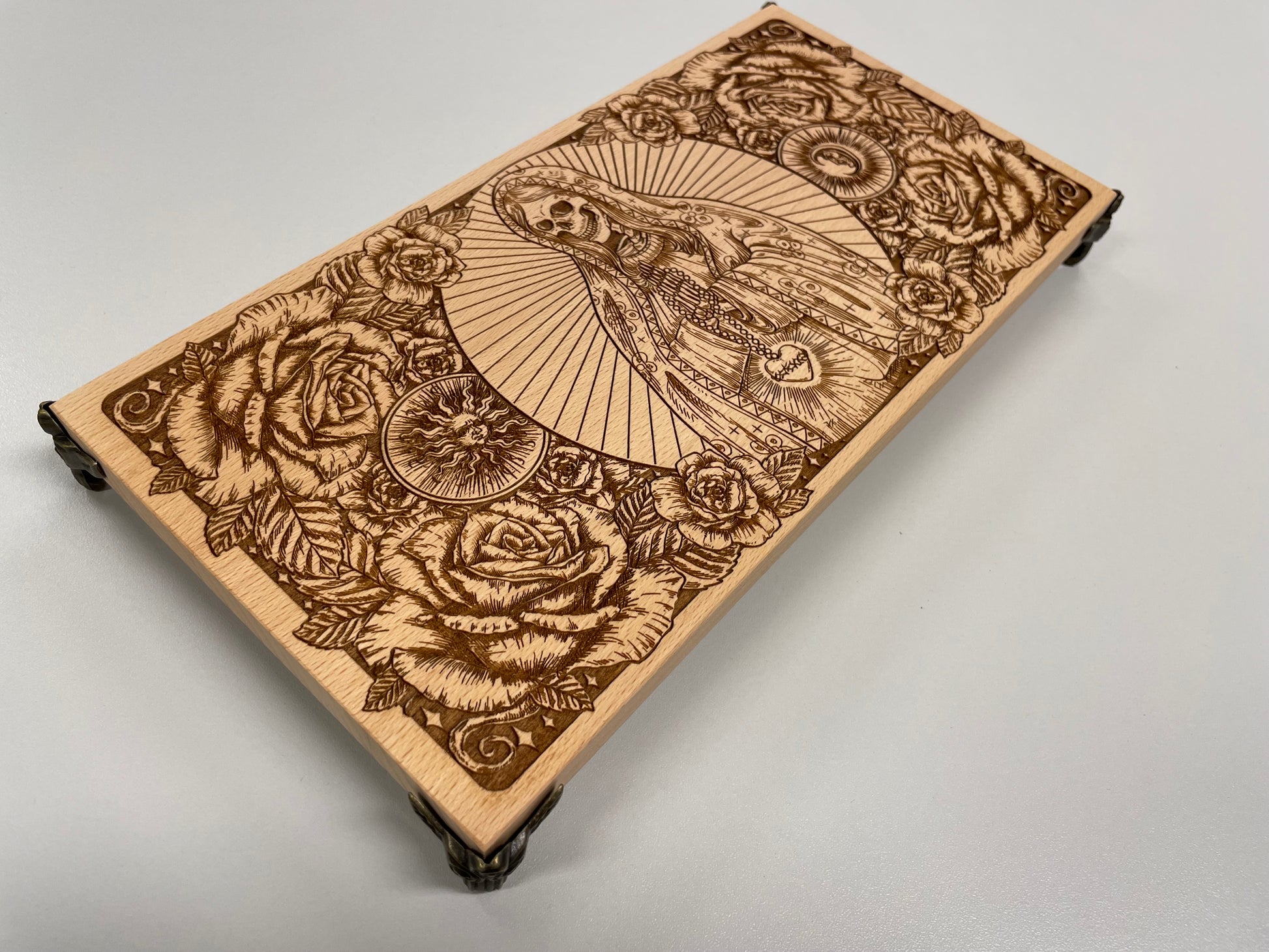 Beech wood altar surface displayed with ritual tools and decorative offerings