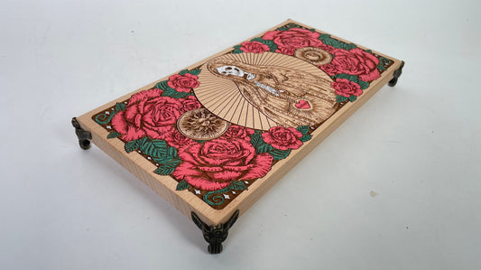 Dia de los Muertos altar table engraved on solid beech wood with floral and Holy Death sun moon motifs