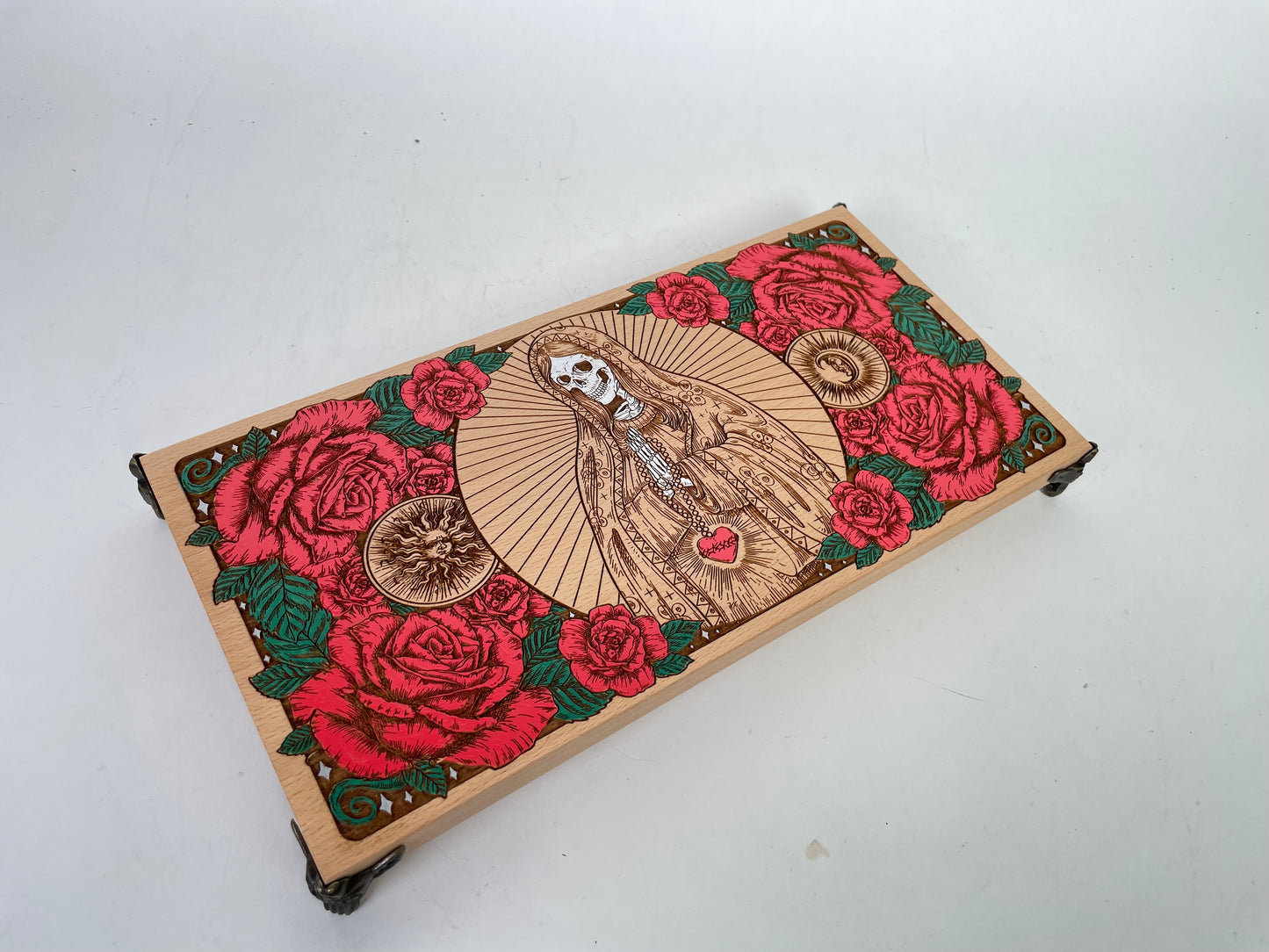 Día de los Muertos Altar Table – Solid Beech Wood Engraved Ritual Board with Santa Muerte & Floral Motifs