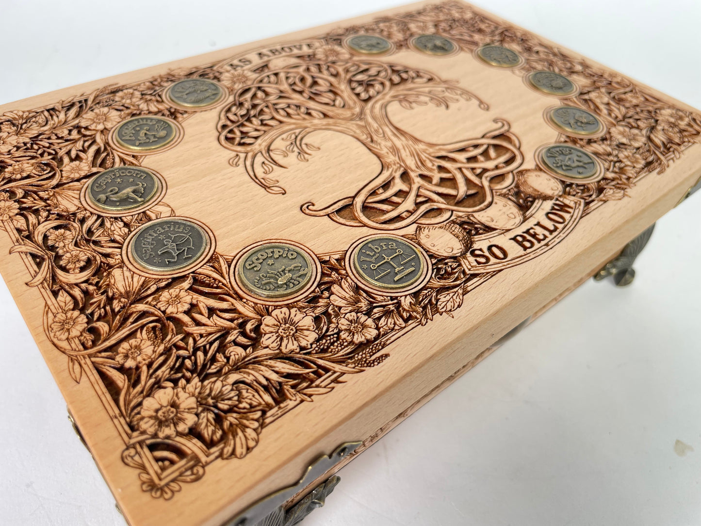 Tree of Life “As Above So Below” Tarot & Altar Box – Wood Yggdrasil Deck & Crystal Storage Box