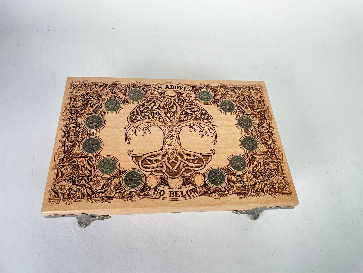 Tree of Life “As Above So Below” Tarot & Altar Box – Wood Yggdrasil Deck & Crystal Storage Box