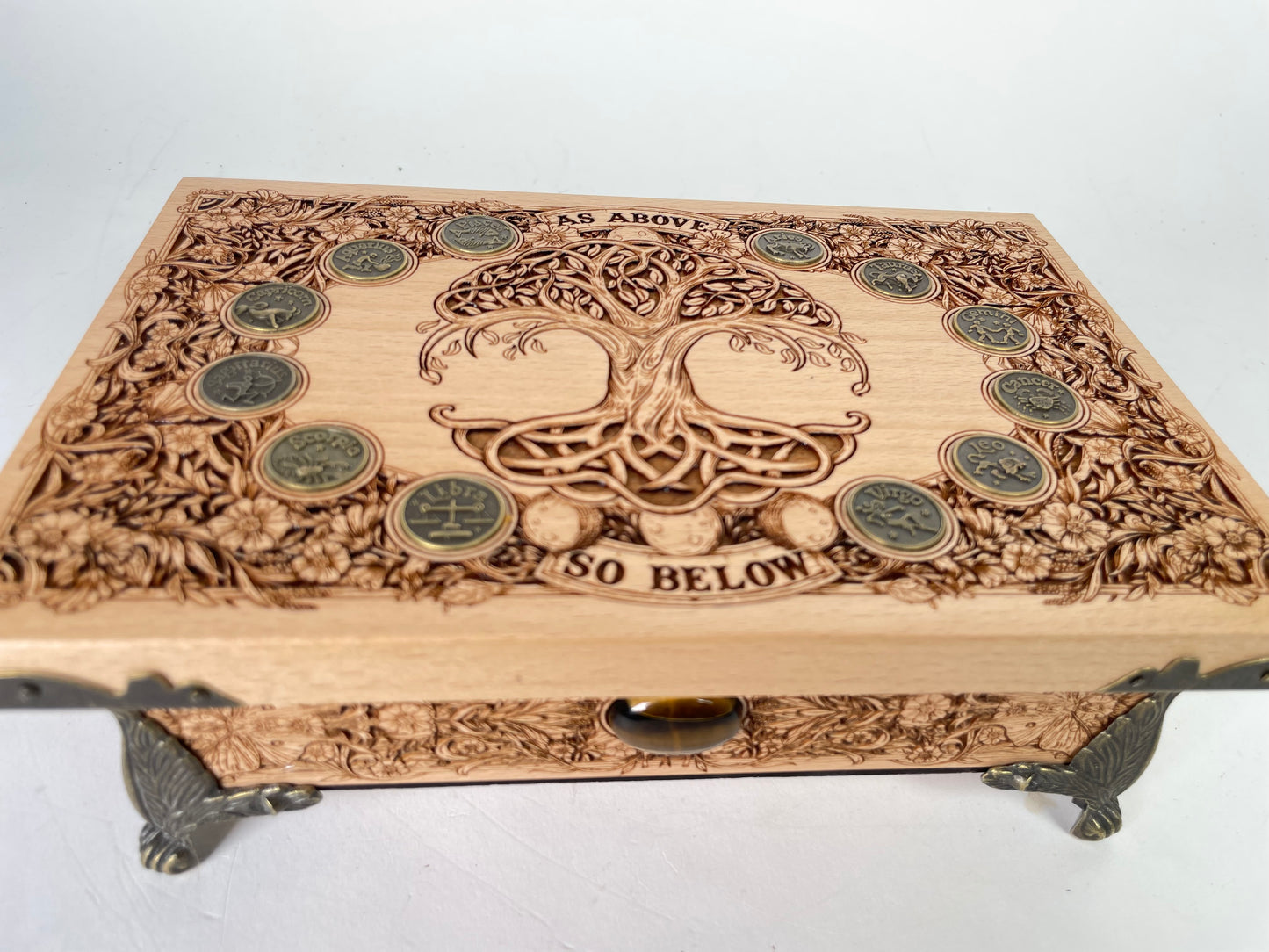Tree of Life “As Above So Below” Tarot & Altar Box – Wood Yggdrasil Deck & Crystal Storage Box
