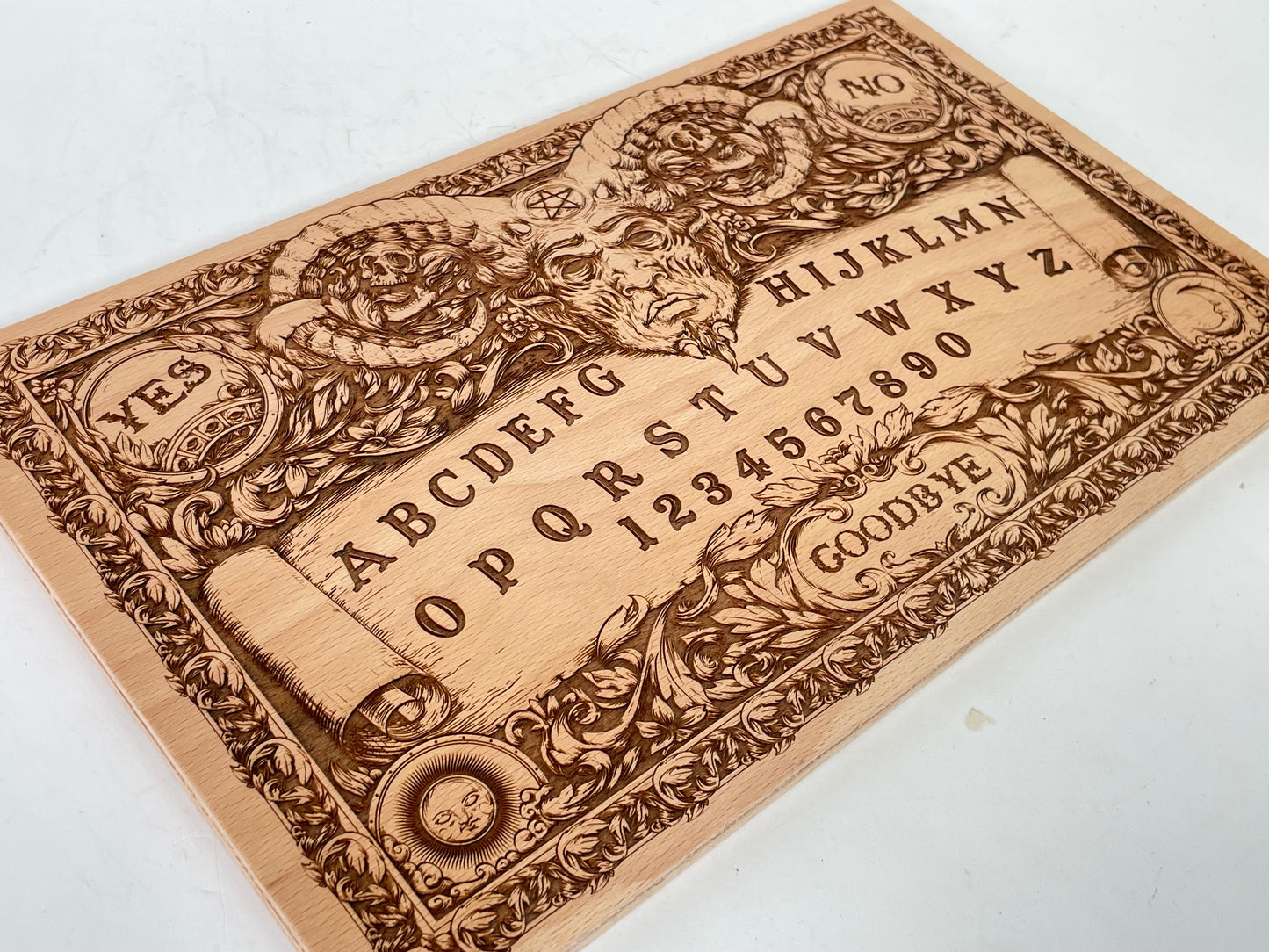 Ouija Board with Demons and Skulls – Engraved Wooden Spirit Board with Planchette
