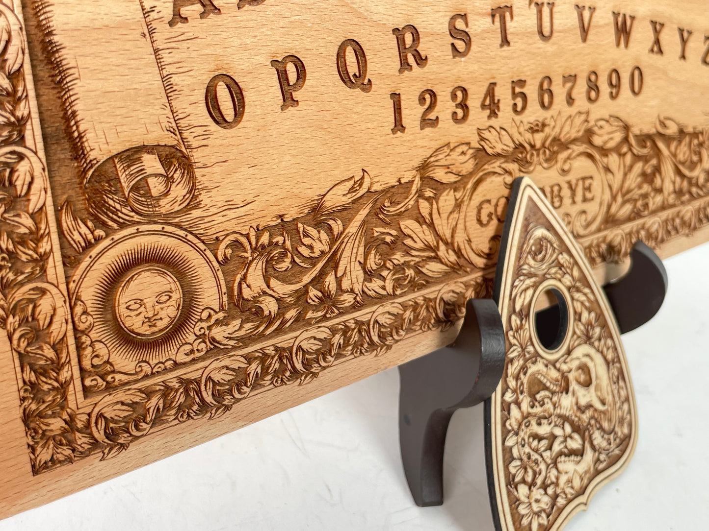 Ouija Board with Demons and Skulls – Engraved Wooden Spirit Board with Planchette