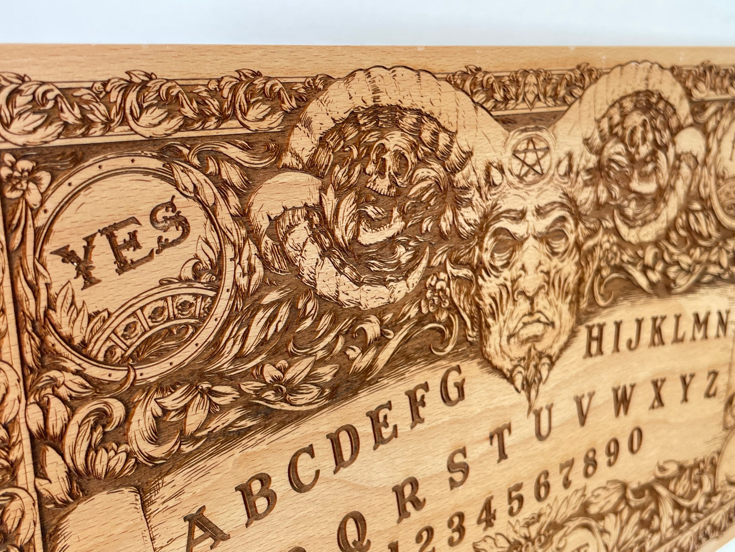 Ouija Board with Demons and Skulls – Engraved Wooden Spirit Board with Planchette